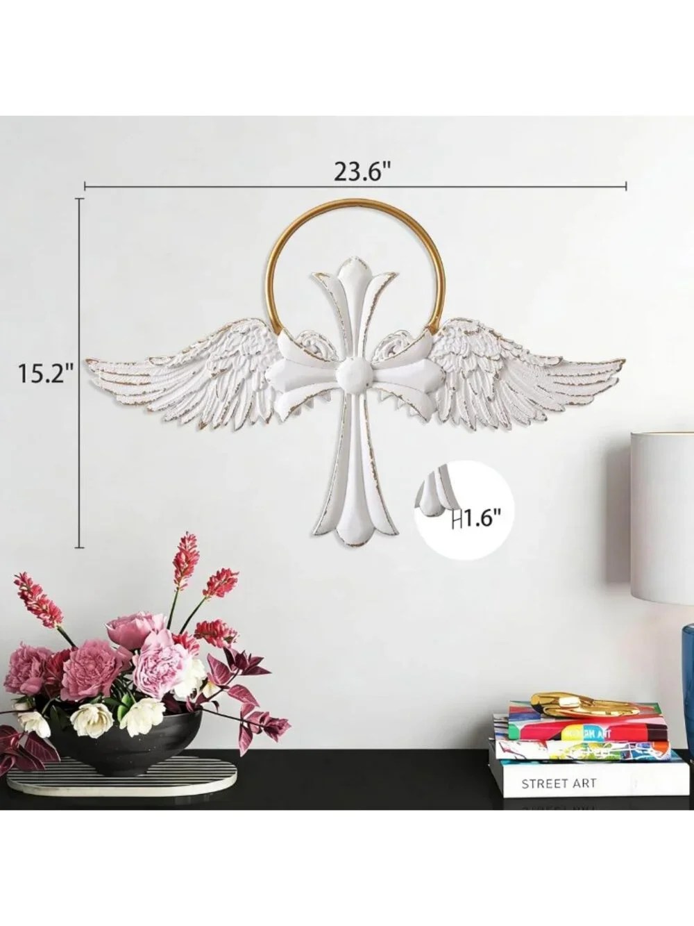 Rustic Farmhouse Angel Wings Wall Decor - Distressed Wood Cross Art for Home